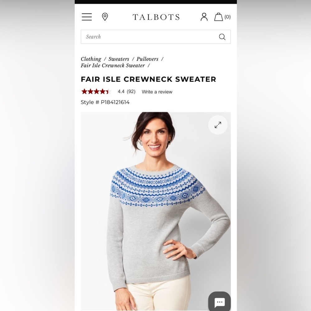 Womens Talbots Fair Isle Yoke Sweater Small Cotton Rayon Nylon Gray & Blue